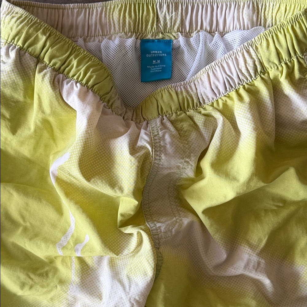 Urban Outfitters Light Yellow Swim Trunks 
UO Graffiti Print 5” Swim Short